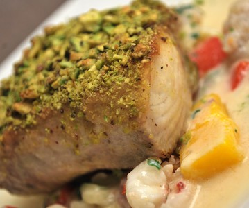 Pistachio Crusted Mahi-mahi with Rock Shrimp, Leeks & Coconut Rum